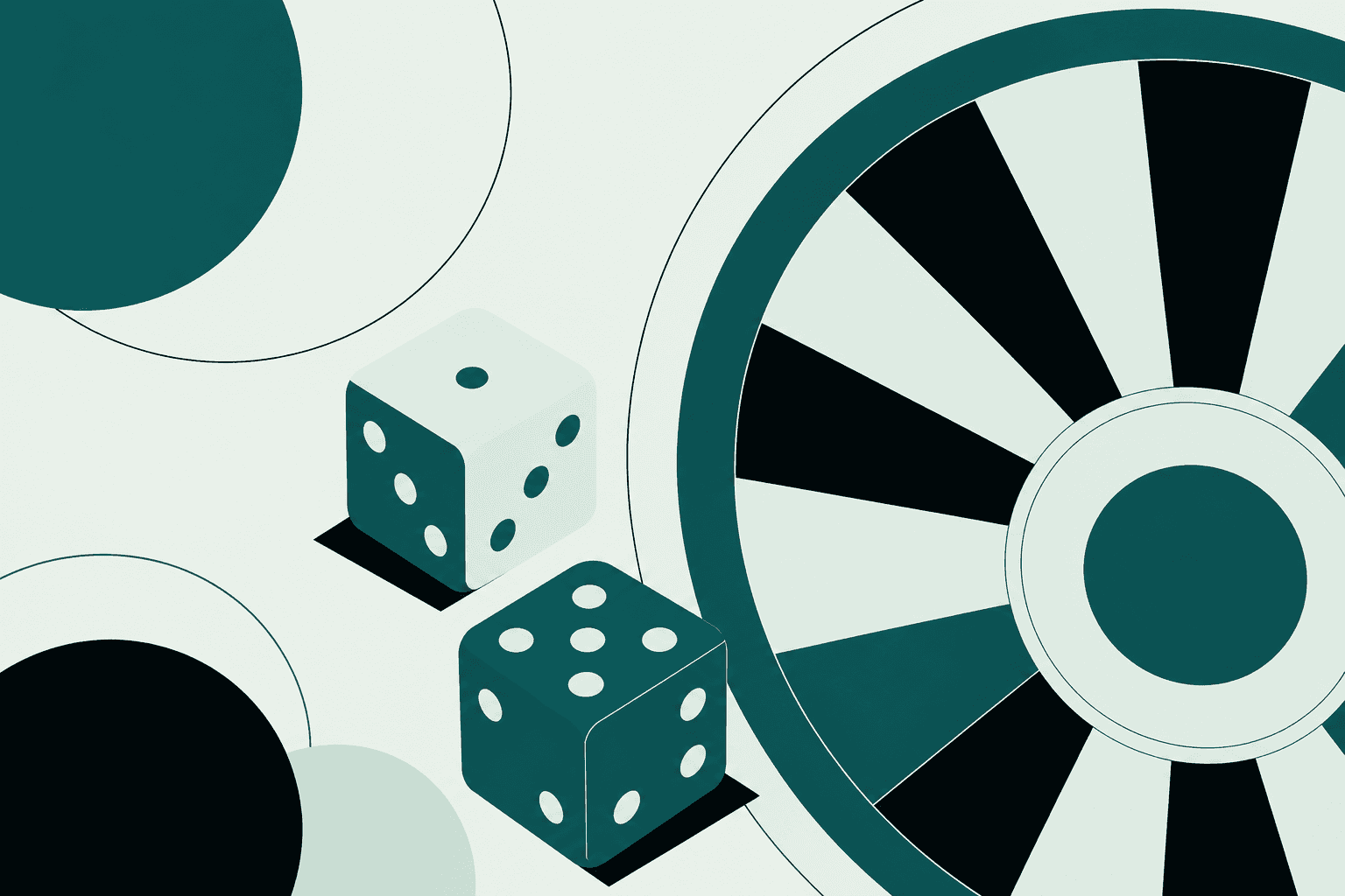 Abstract illustration of dice and a segmented wheel
