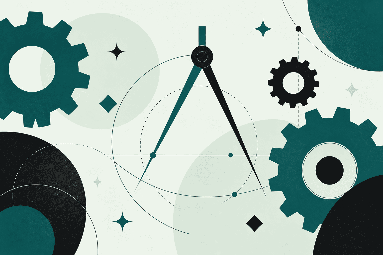 Abstract illustration of gears and drafting tools representing game studios
